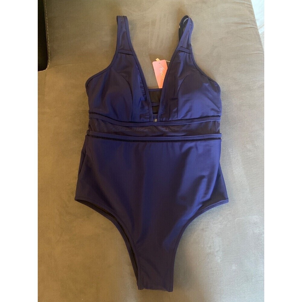 Byoauo NWT Sleek Navy One-piece Swimsuit Mesh Trim Sz Large